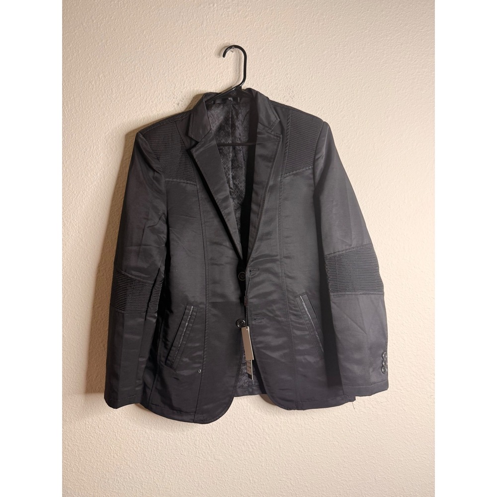 Platini Men's Black Moto Pleated Blazer Jacket Satin Finish Sport Coat NWT L